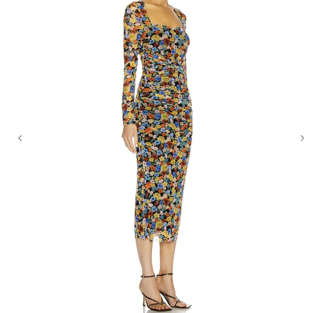 GANNI Colorful Floral SquareNeck Long Sleeve Ruched Stretch Mesh Midi Dress Sz L - Picture 3 of 15